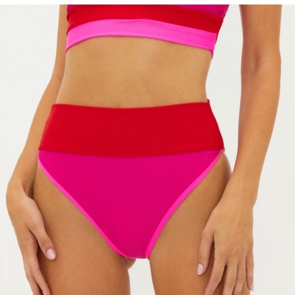Beach Riot Emmy Bikini Bottom Fuchsia Red Neon Pink Colorblock - Picture 1 of 7